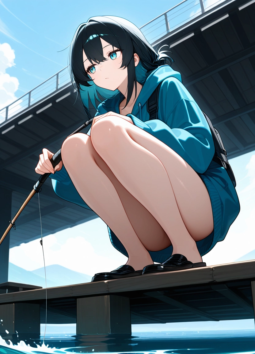 1girl, solo, hood, blue eyes, squatting, black hair · Yamete.gg