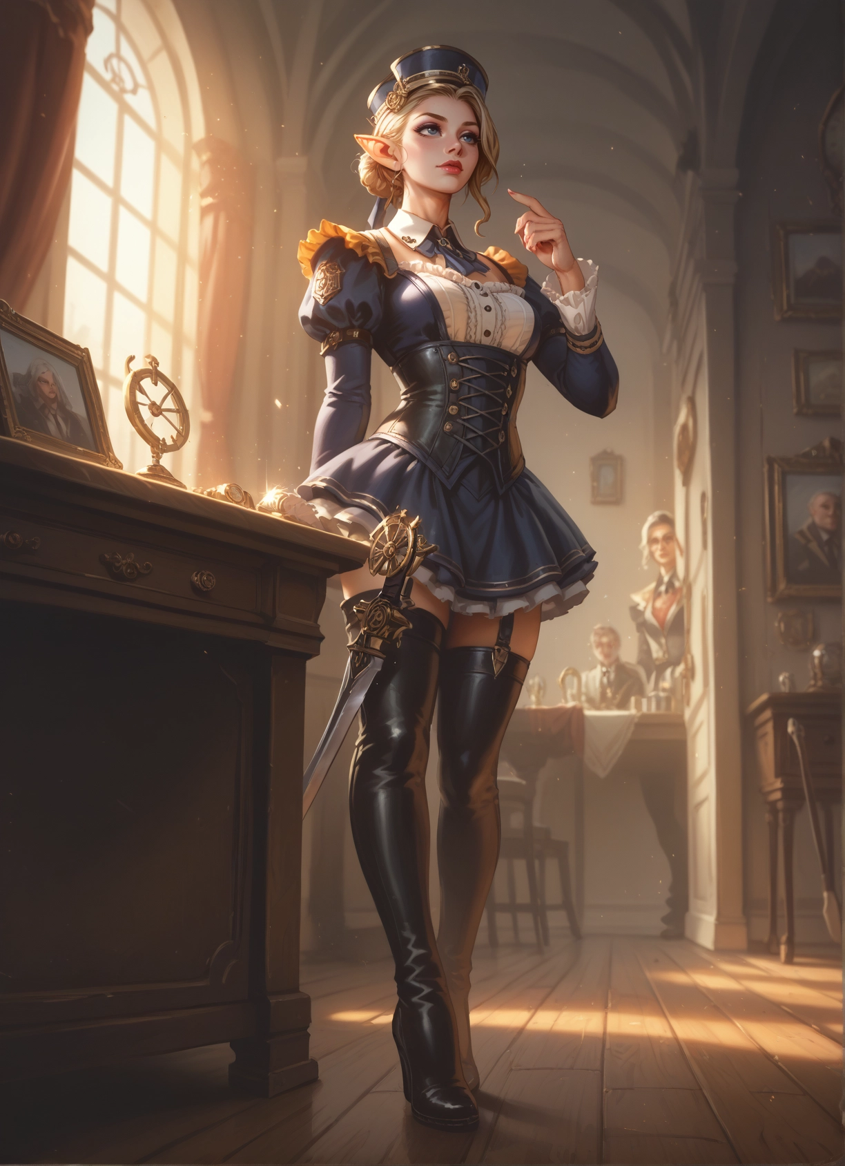 pointy ears, thighhighs, weapon, blonde hair, boots, garter straps · Yamete.gg