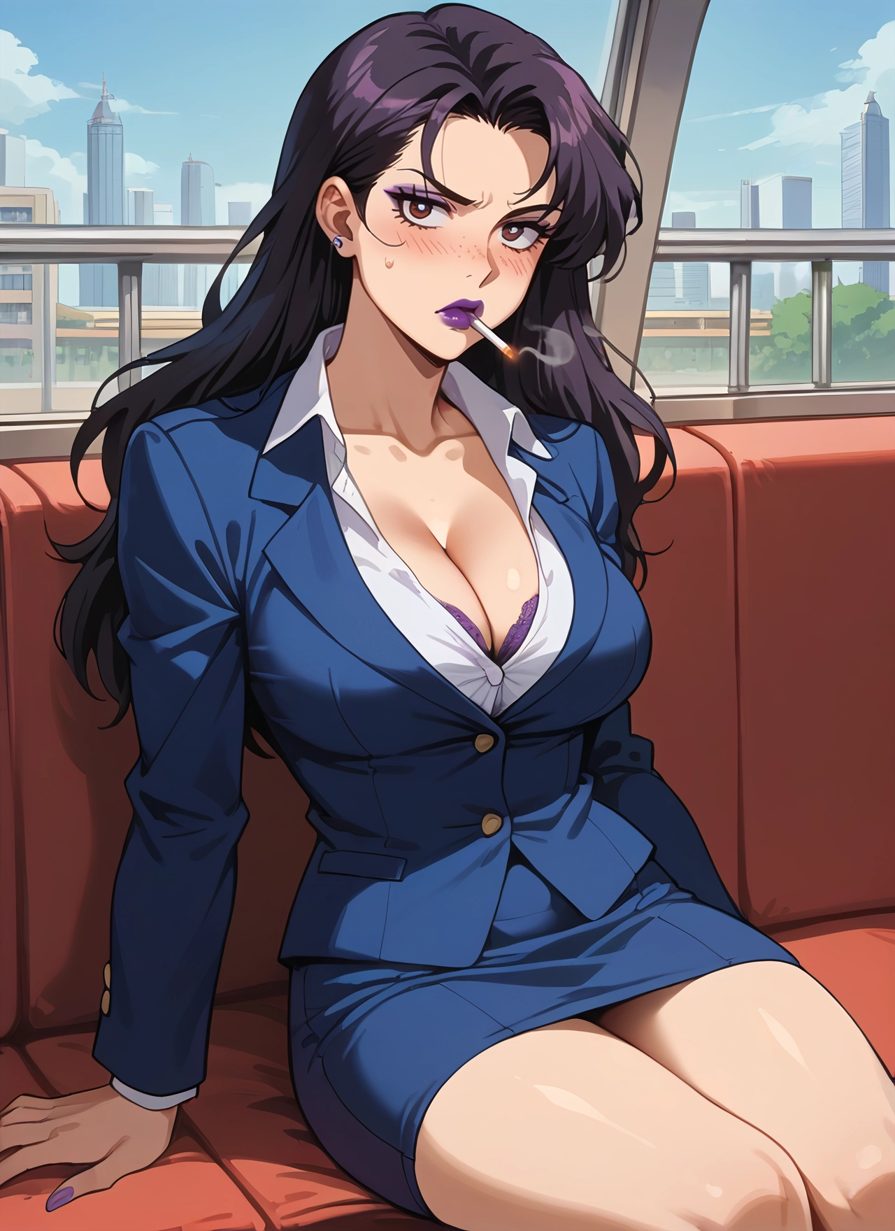 1girl, breasts, skirt, cigarette, cleavage, makeup · Yamete.gg