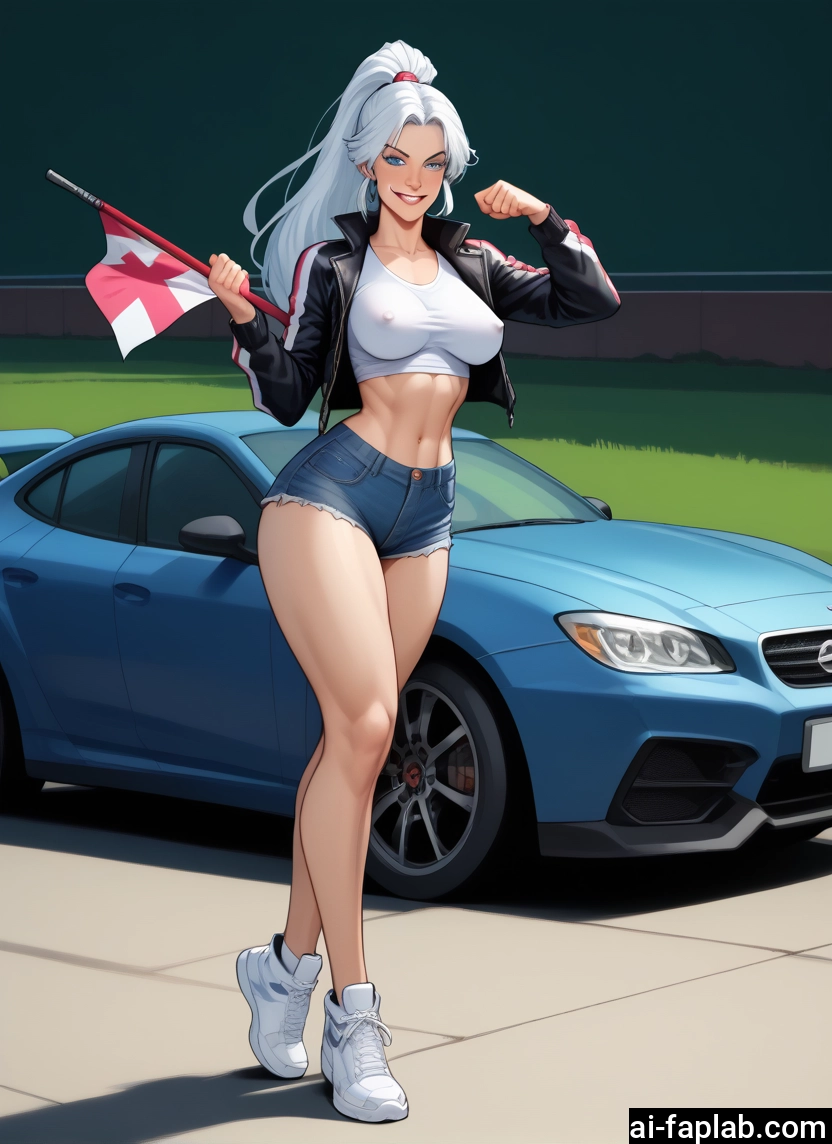 1girl, shorts, breasts, ground vehicle, motor vehicle, car · Yamete.gg