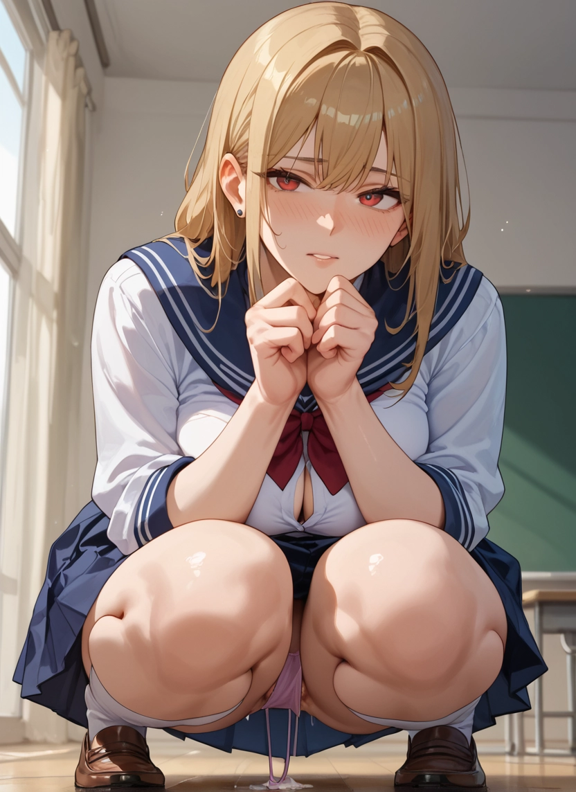 1girl, underwear, panties, skirt, school uniform, squatting · Yamete.gg