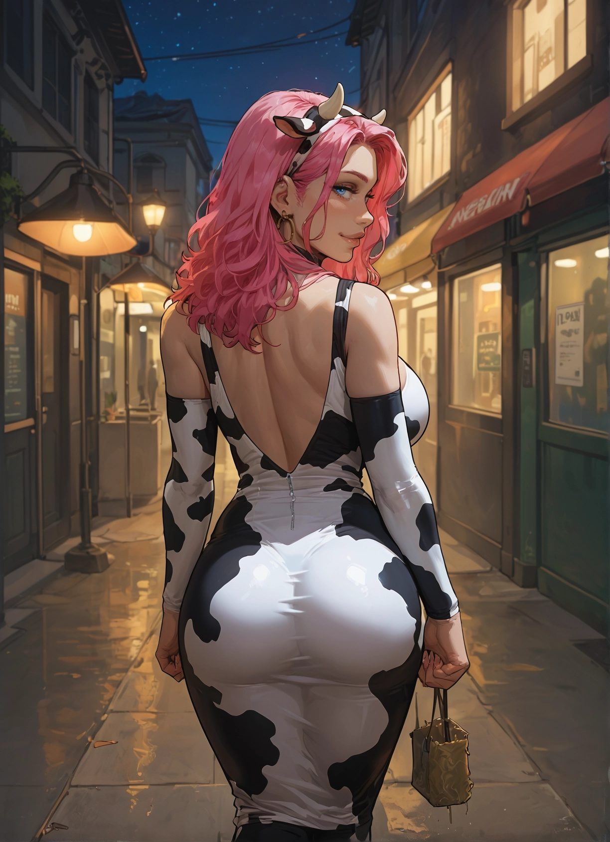 1girl, ass, pink hair, animal print, cow print, blue eyes · Yamete.gg