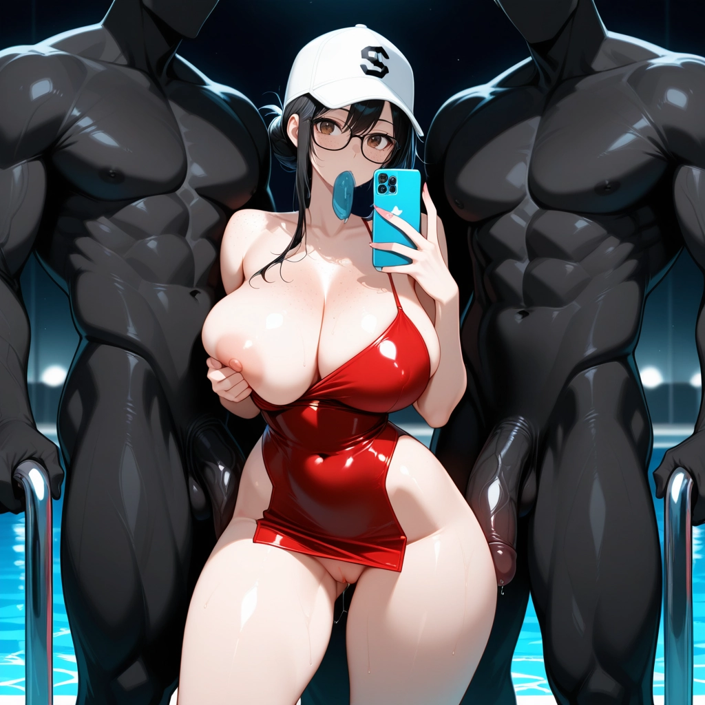 1girl, multiple boys, 2boys, breasts, penis, pool