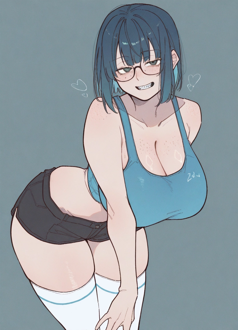 1girl, breasts, shorts, freckles, thighhighs, smile · Yamete.gg