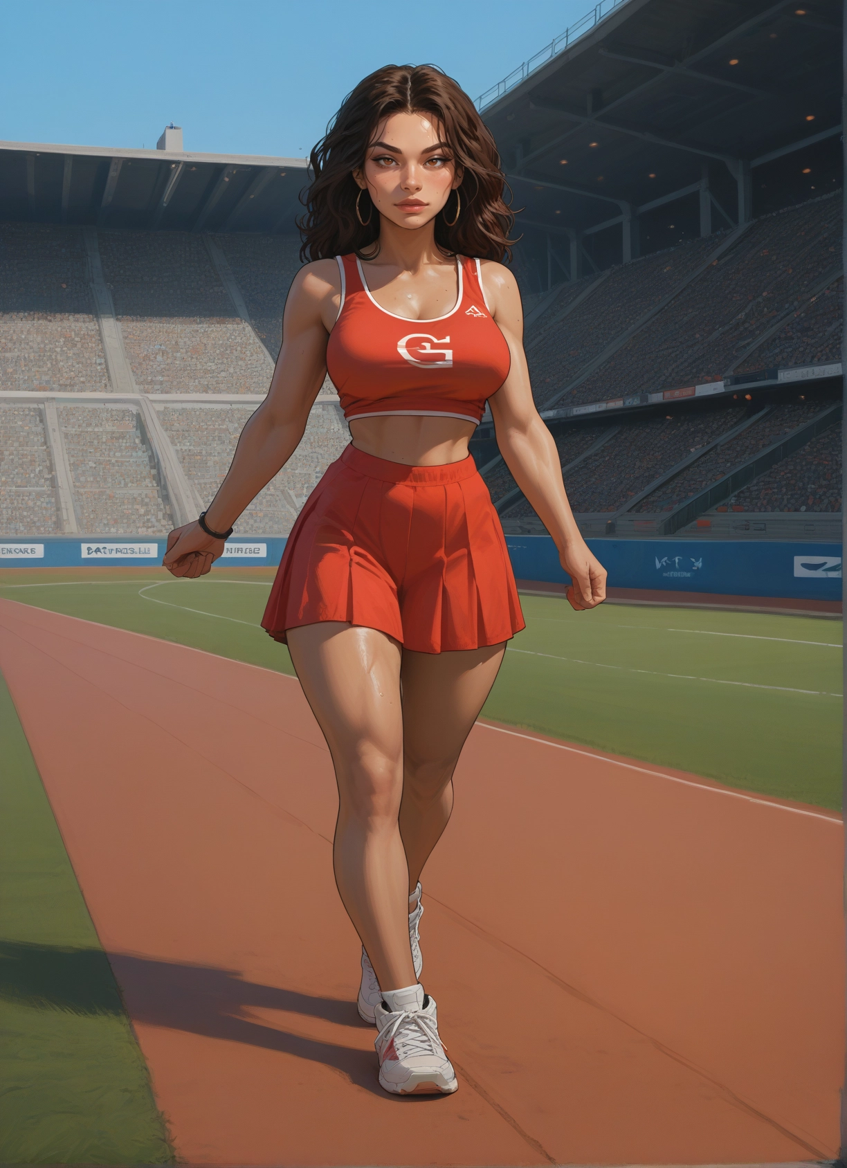 1girl, breasts, jewelry, brown hair, earrings, skirt · Yamete.gg