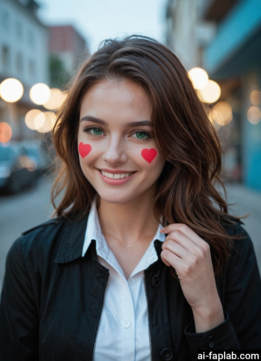 1girl, solo, heart, green eyes, smile, brown hair