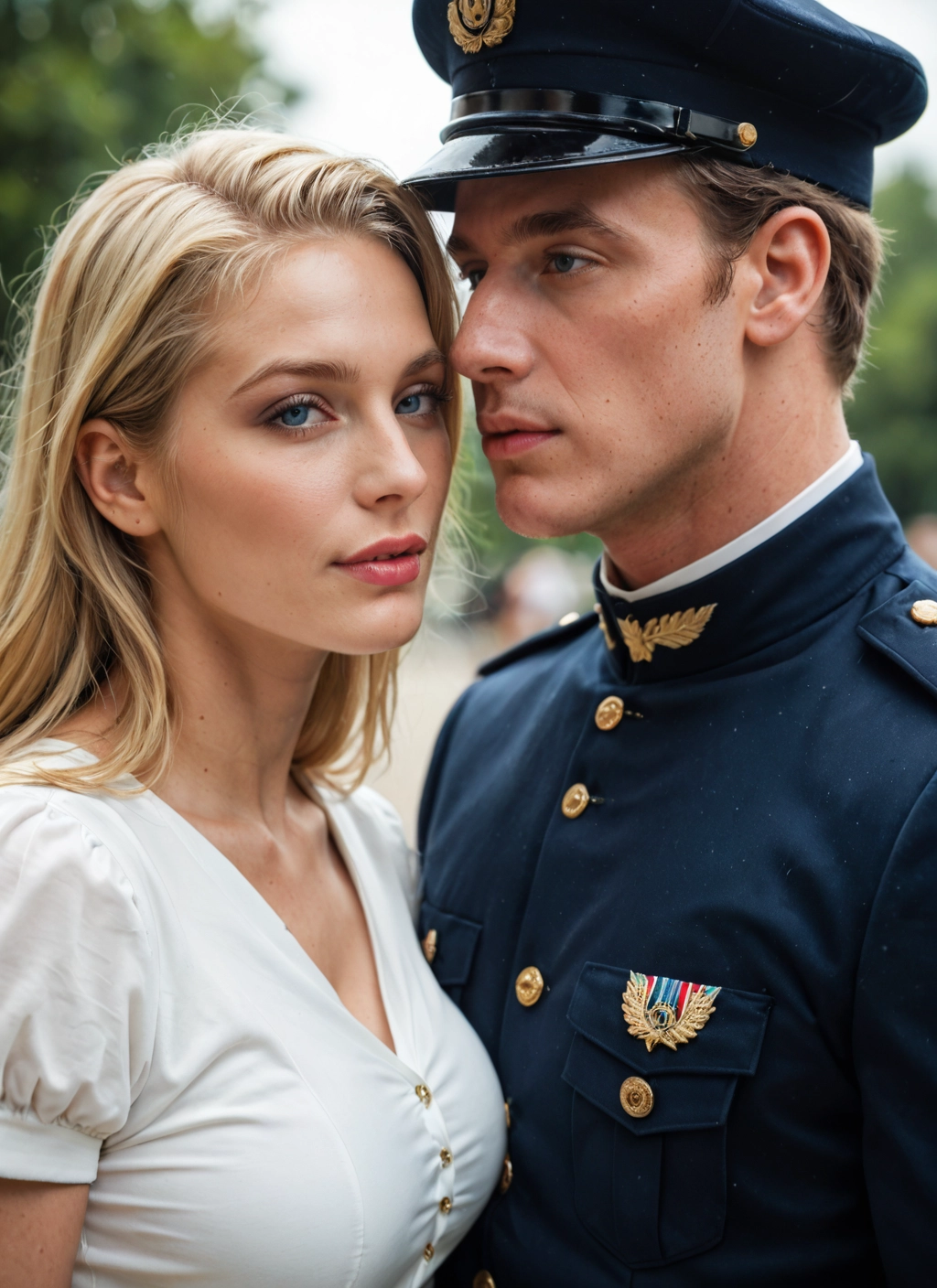 1girl, 1boy, blonde hair, uniform, blue eyes, hat · Yamete.gg