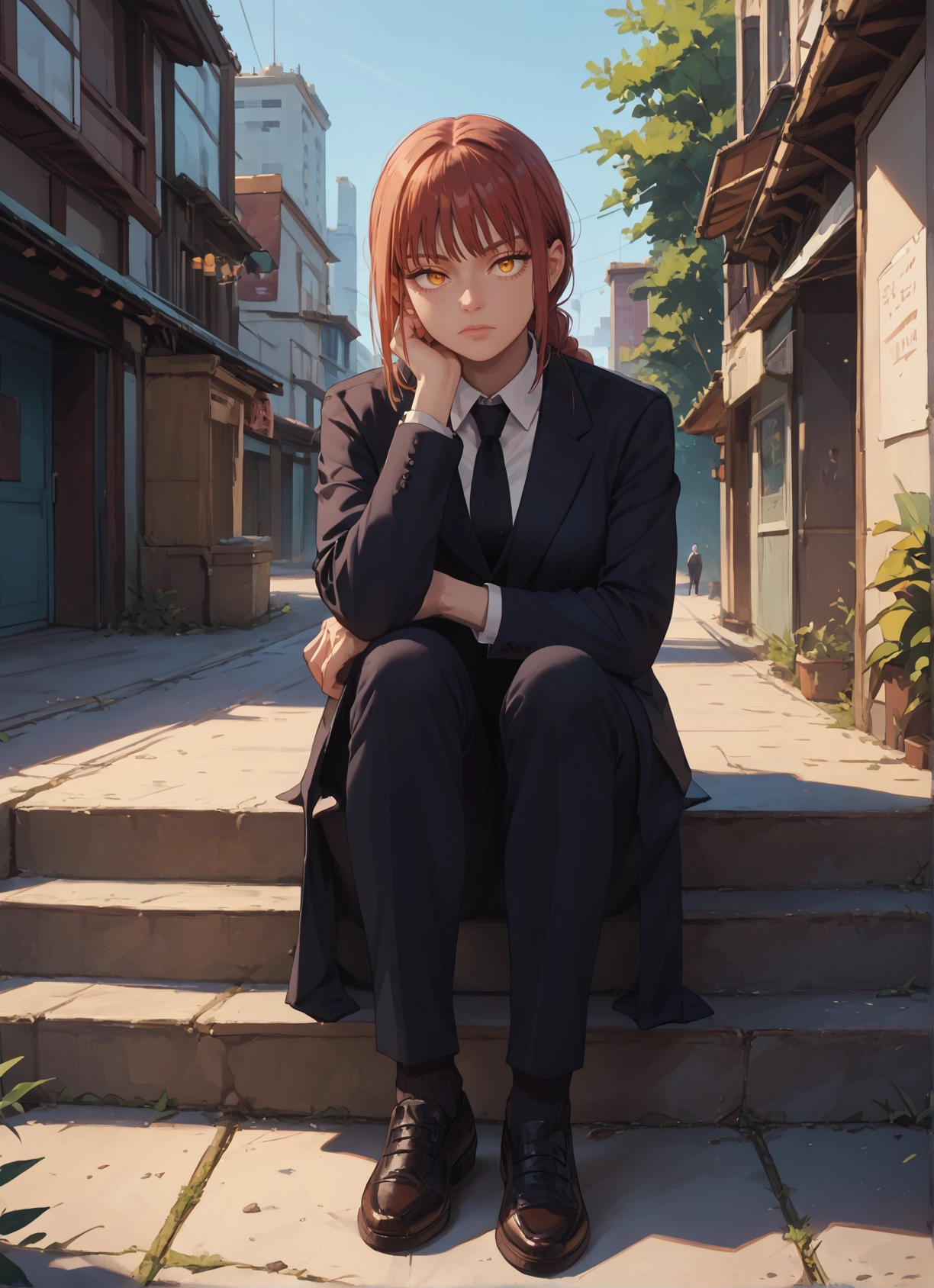 necktie, braid, sitting, ringed eyes, braided ponytail, 1girl · Yamete.gg
