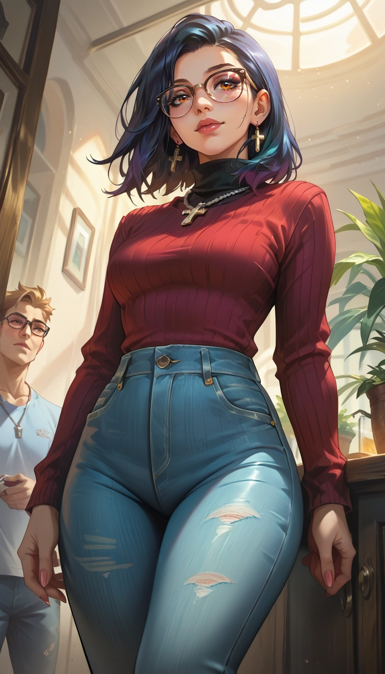1girl, denim, jeans, pants, jewelry, earrings · Yamete.gg