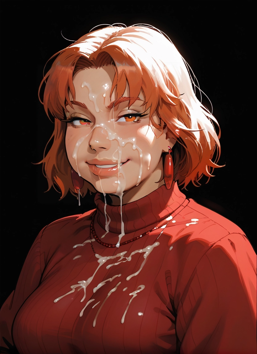 1girl, jewelry, solo, cum, facial, sweater