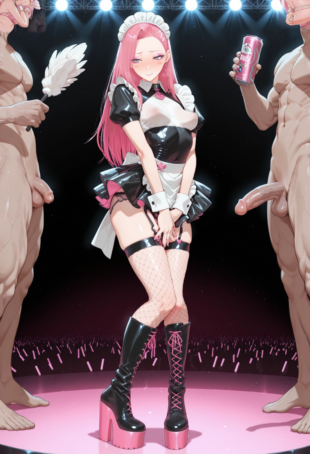 1girl, fishnets, penis, pink hair, maid headdress, multiple boys · Yamete.gg