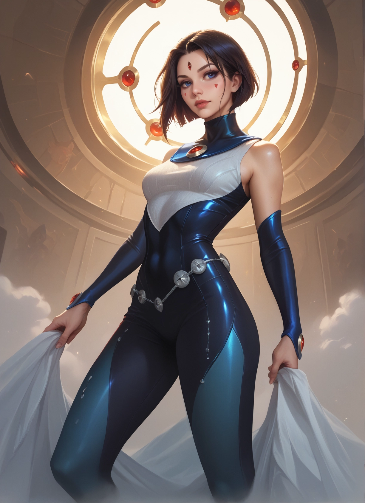 1girl, blue eyes, solo, short hair, bodysuit, breasts · Yamete.gg