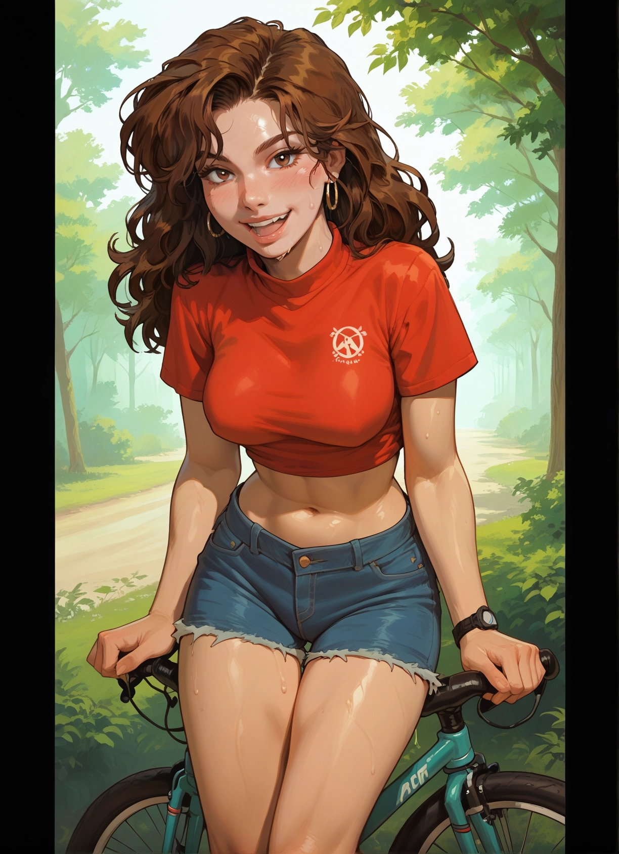 1girl, brown hair, shorts, jewelry, bicycle, earrings · Yamete.gg