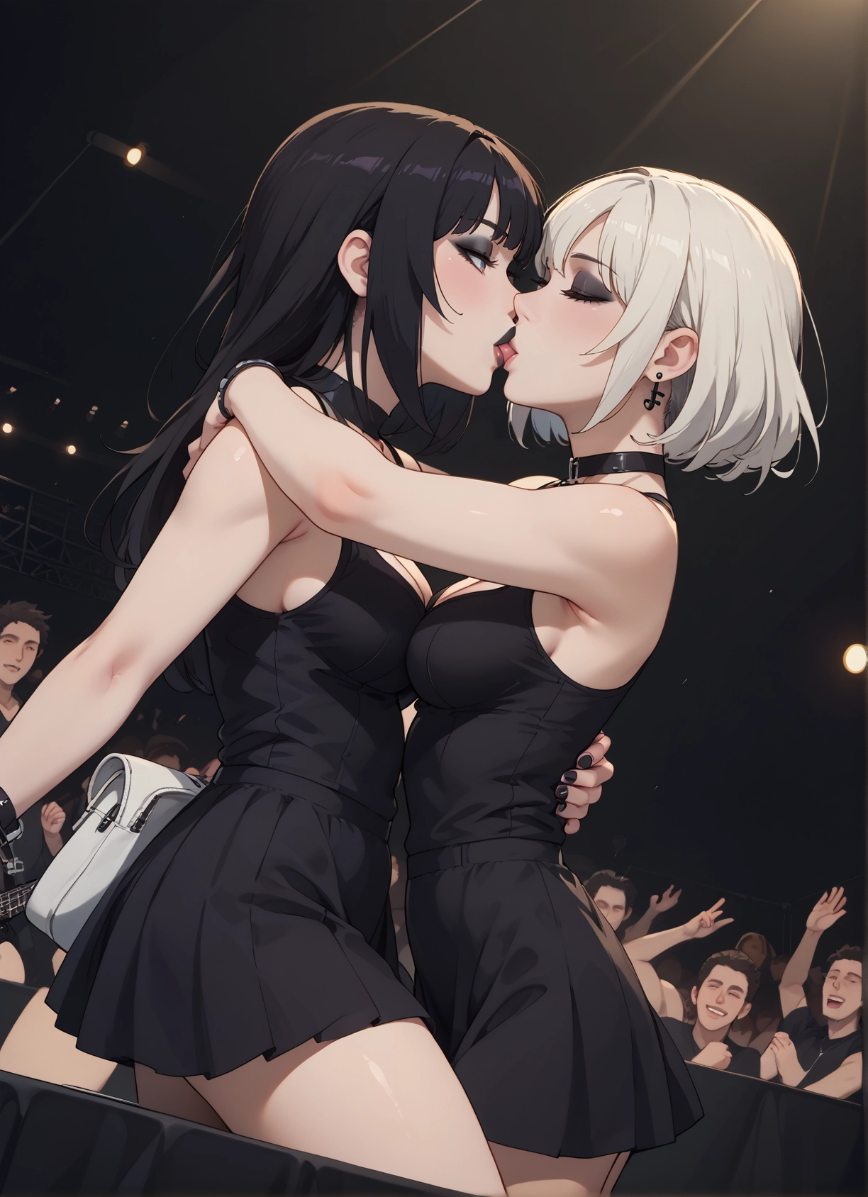 multiple girls, breasts, kiss, jewelry, yuri, dress · Yamete.gg