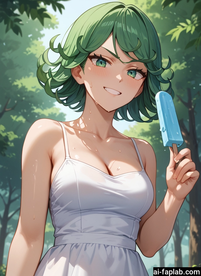 1girl, breasts, food, dress, green hair, green eyes