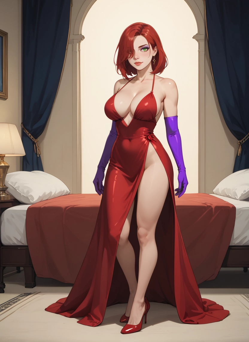 1girl, breasts, dress, gloves, high heels, green eyes · Yamete.gg