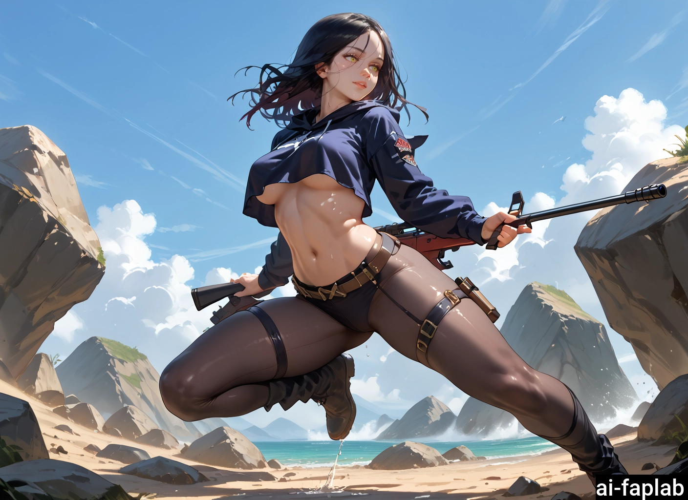 1girl, breasts, weapon, gun, underboob, solo
