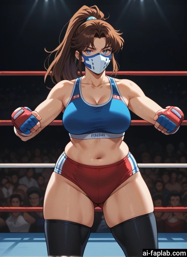 breasts, 1girl, thighhighs, brown hair, navel, ponytail