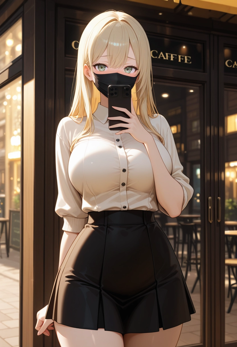 1girl, breasts, blonde hair, solo, skirt, phone