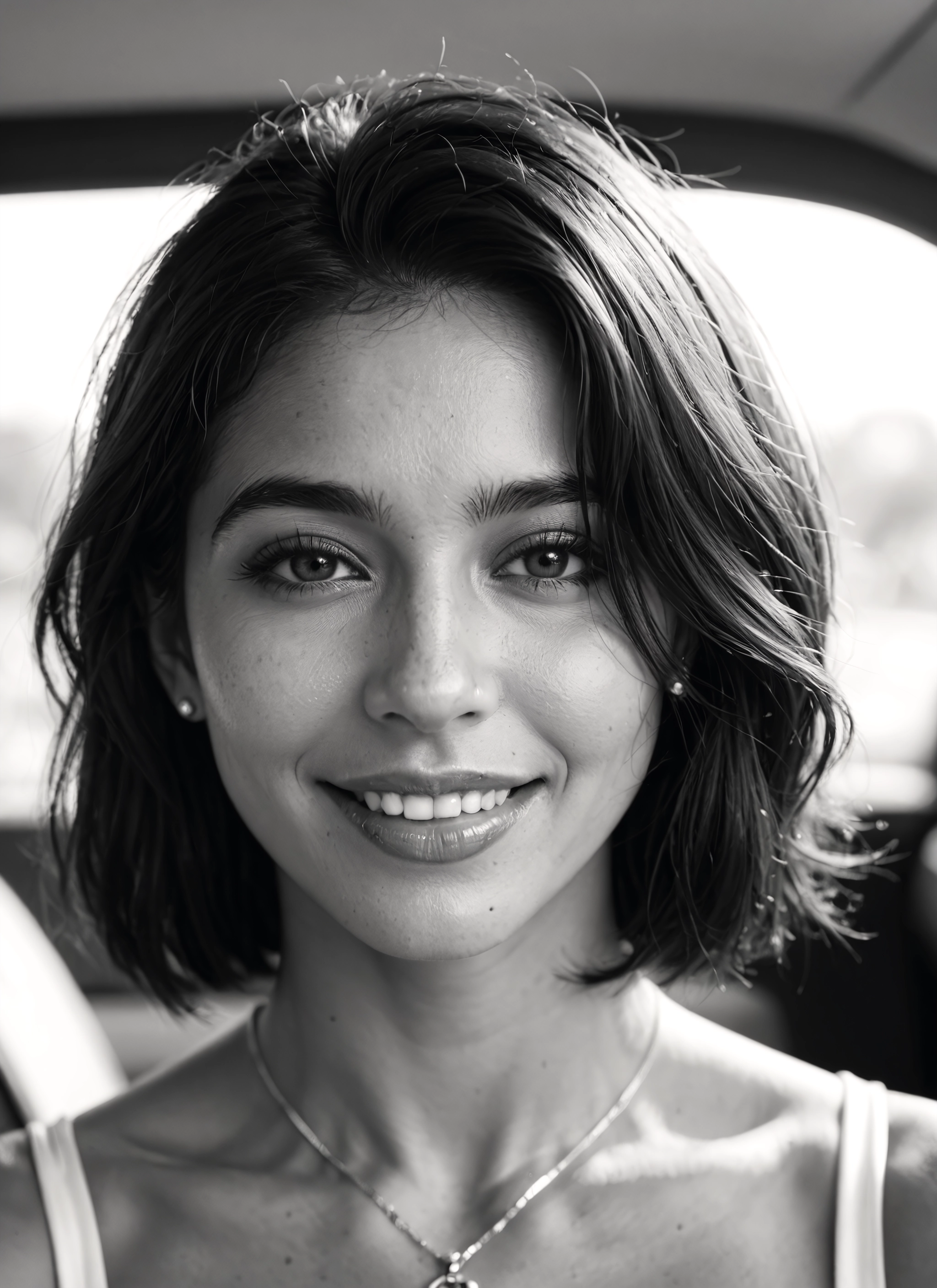 monochrome, greyscale, 1girl, solo, jewelry, smile · Yamete.gg