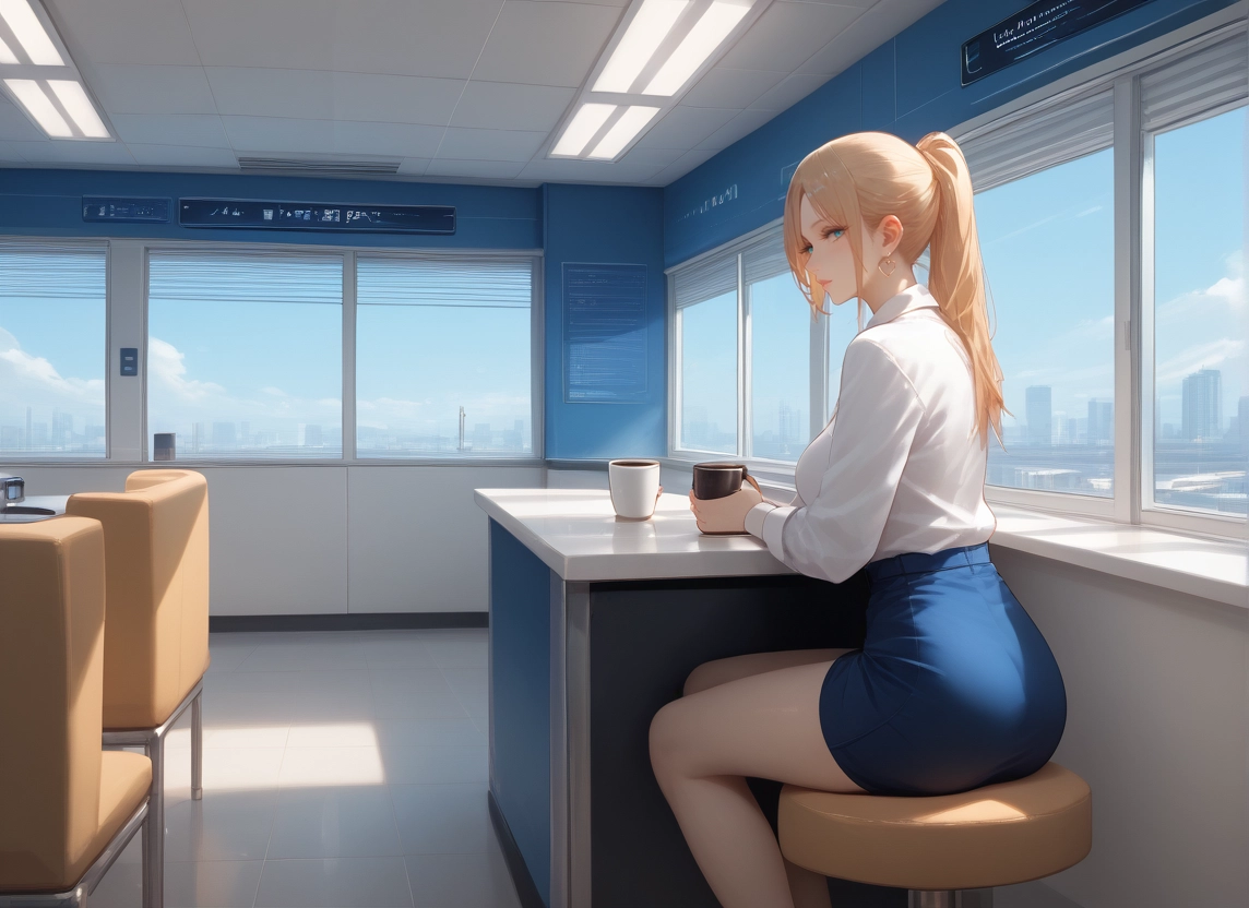 1girl, skirt, solo, sitting, cup, blonde hair · Yamete.gg