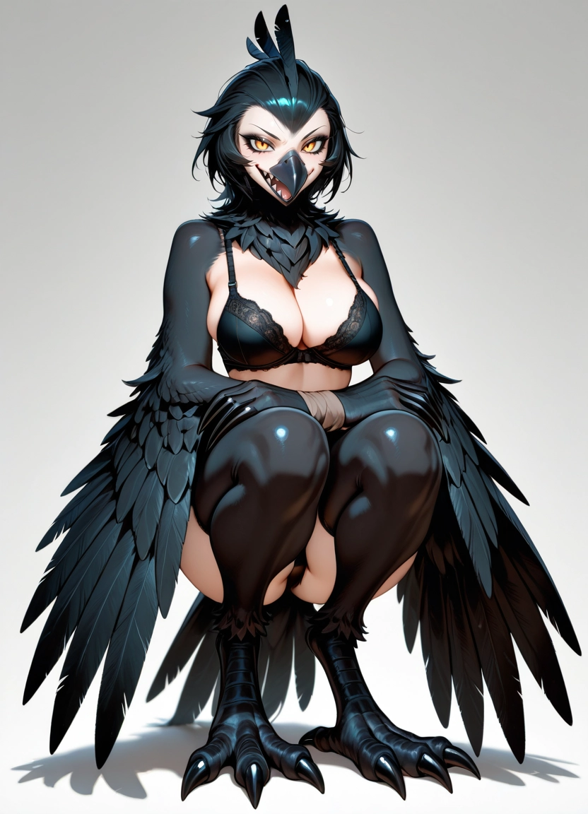 1girl, solo, breasts, underwear, squatting, feathers · Yamete.gg