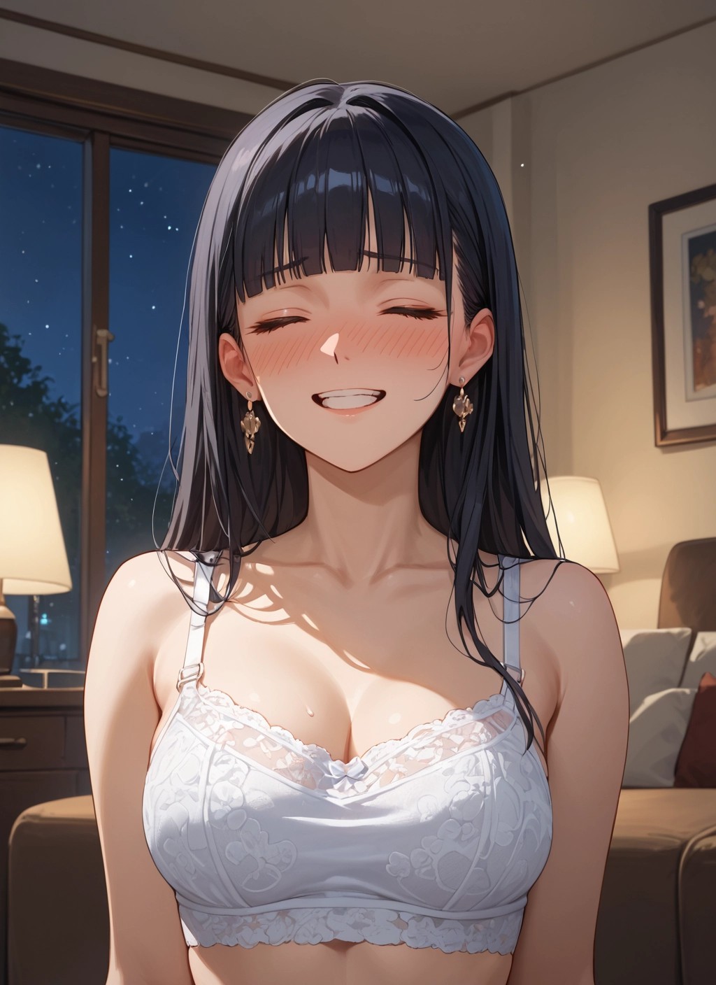 1girl, breasts, jewelry, smile, underwear, earrings · Yamete.gg