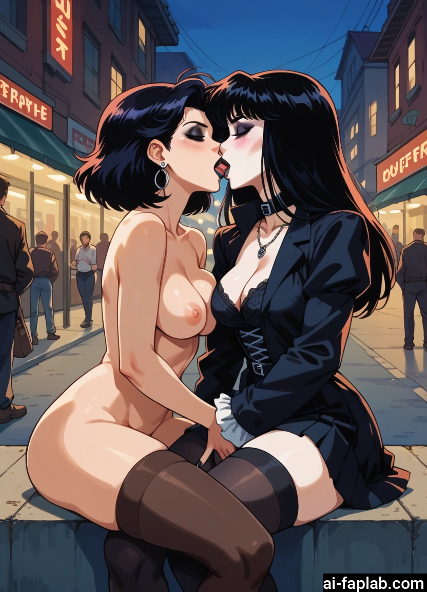 multiple girls, breasts, 2girls, nipples, thighhighs, kiss