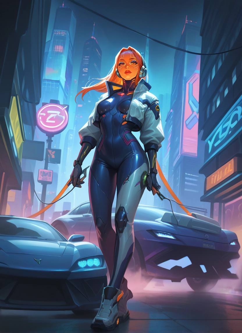 1girl, cyberpunk, car, motor vehicle, ground vehicle, solo · Yamete.gg