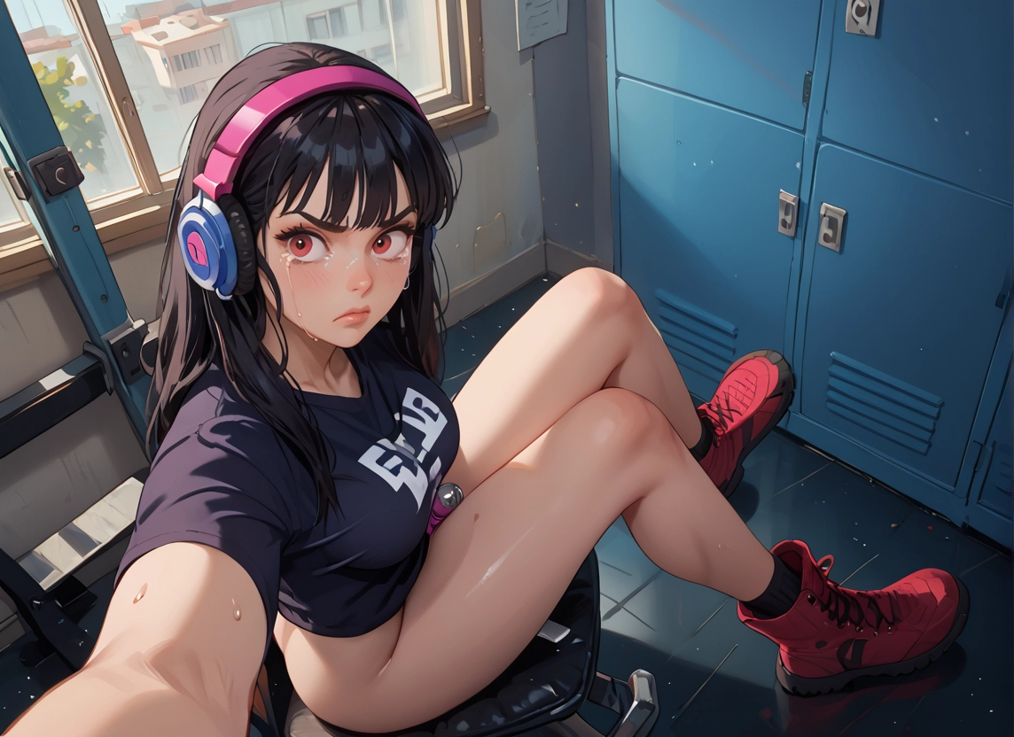 1girl, headphones, shirt, bottomless, tears, sitting · Yamete.gg