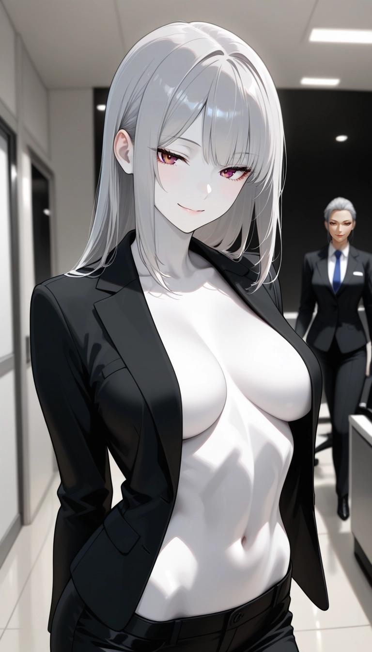 breasts, pants, 1girl, navel, black pants, jacket · Yamete.gg