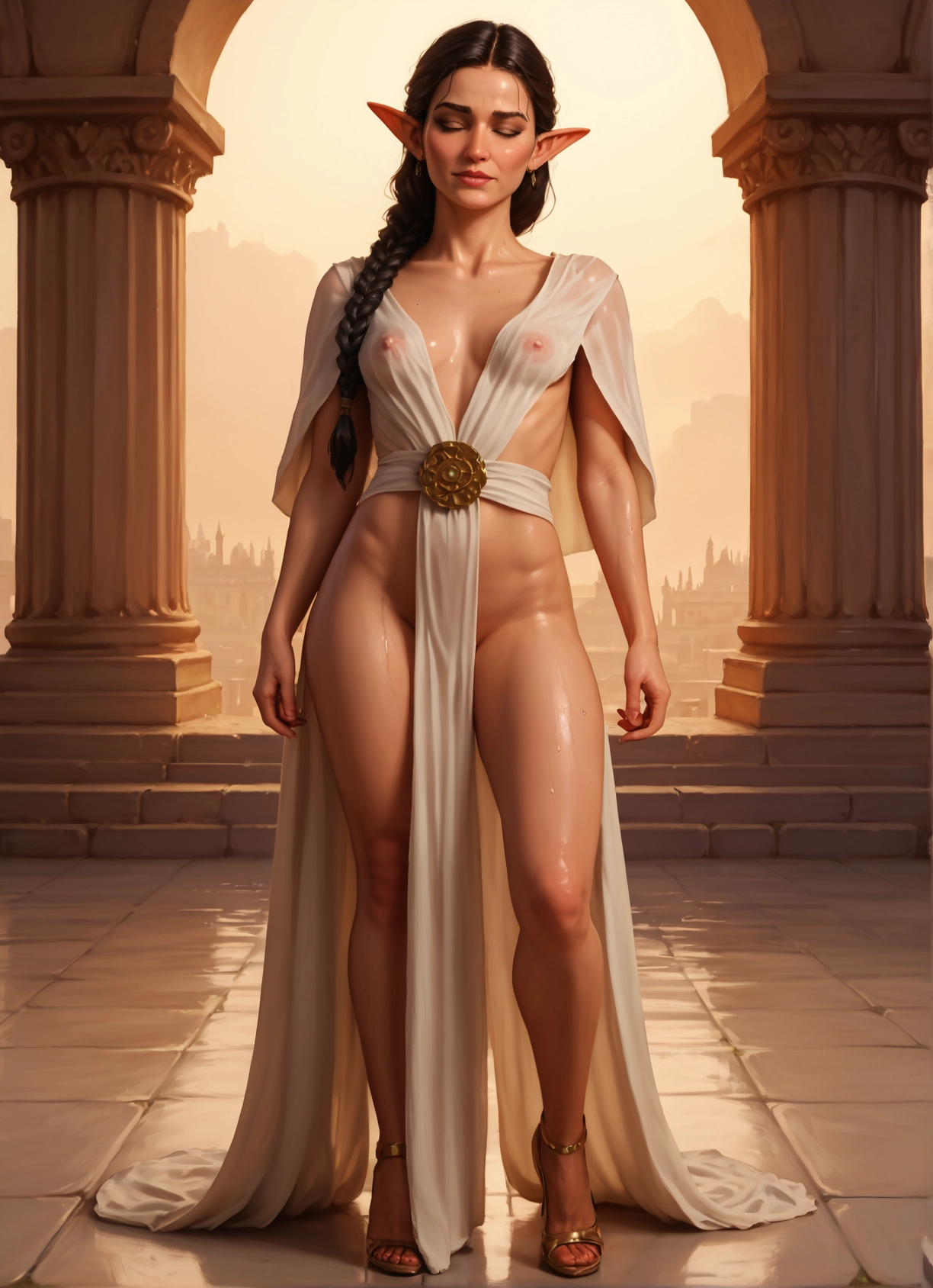 1girl, pointy ears, solo, breasts, braid, see-through · Yamete.gg
