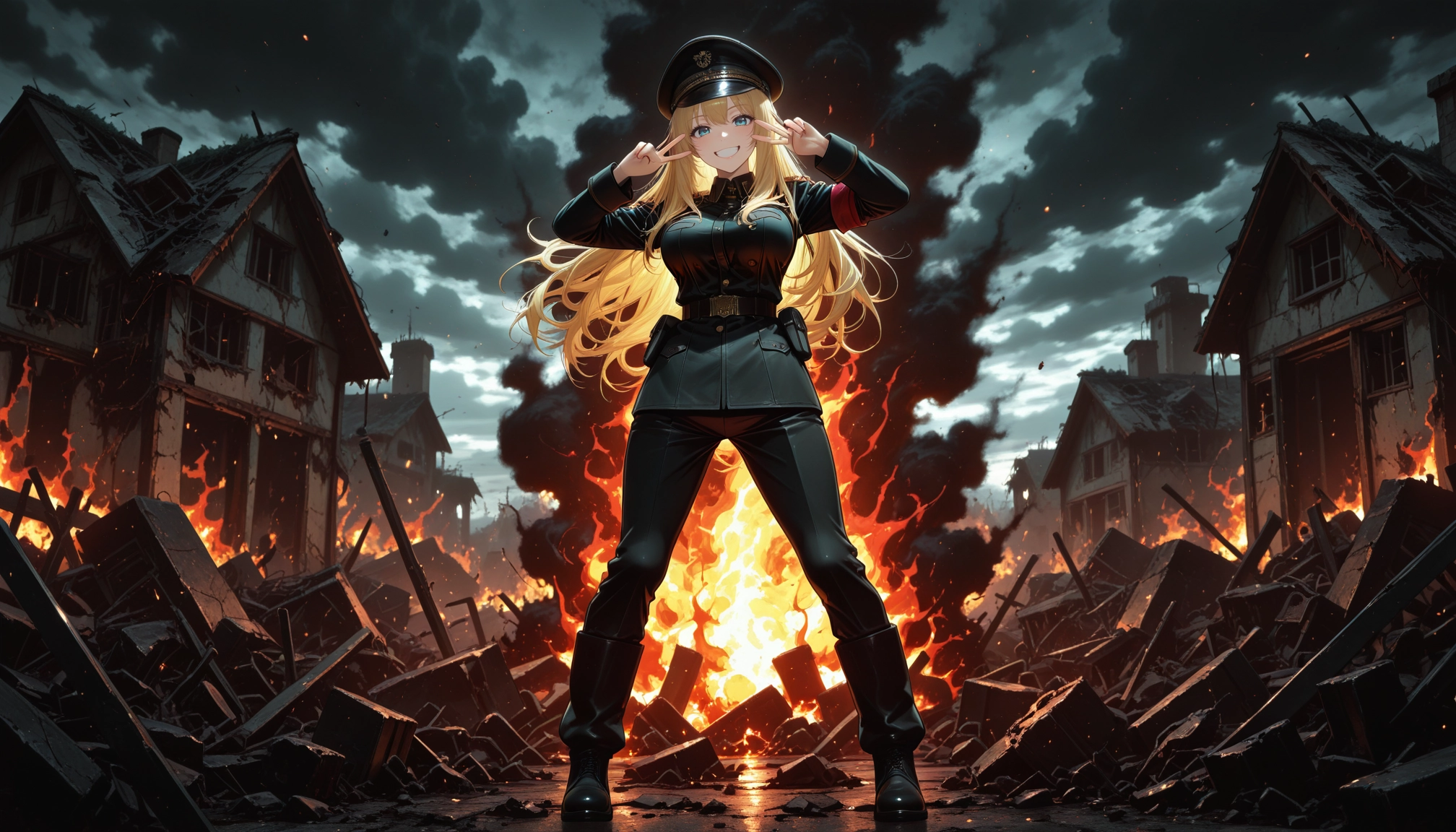 1girl, long hair, fire, blonde hair, hat, pants · Yamete.gg