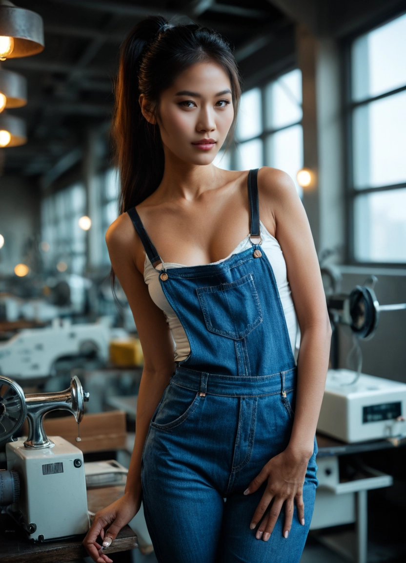 1girl, overalls, solo, realistic, denim, ponytail · Yamete.gg