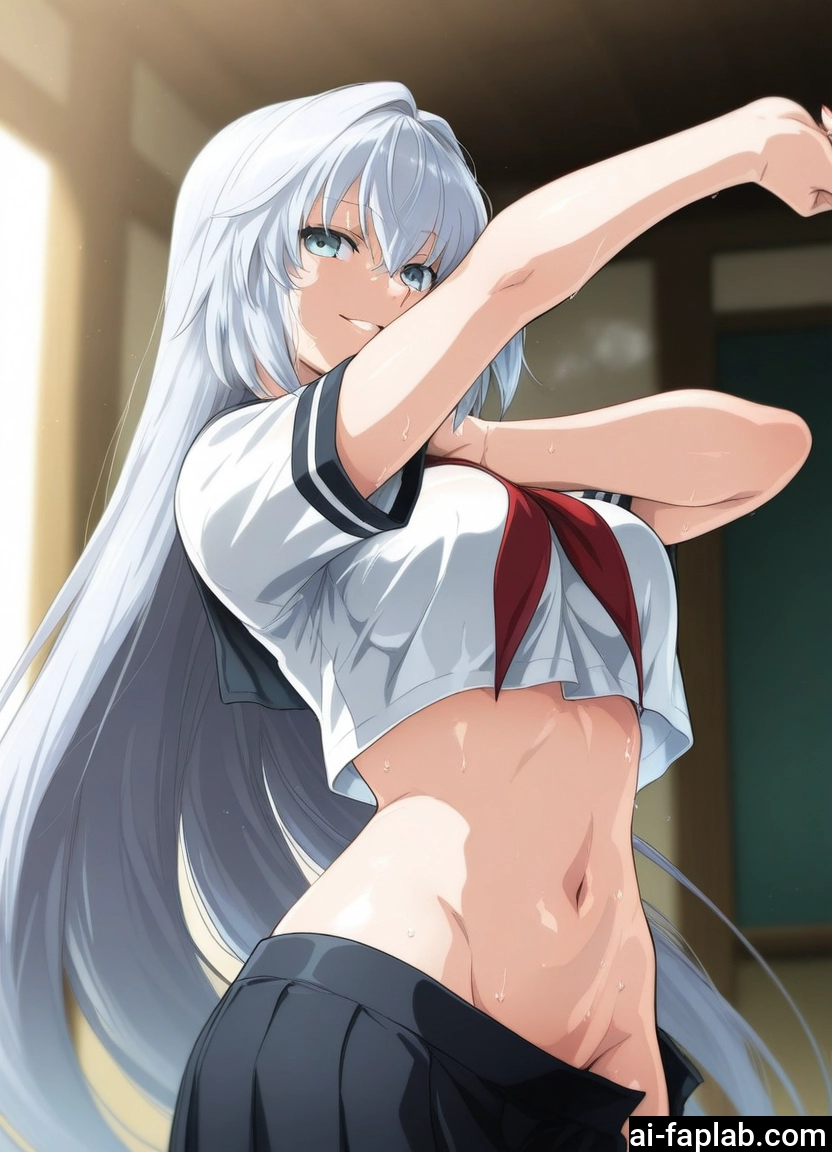 1girl, long hair, navel, breasts, skirt, school uniform · Yamete.gg