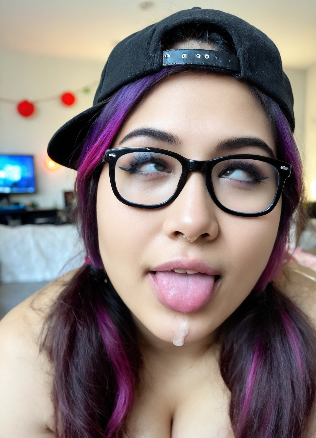 1girl, solo, glasses, hat, backwards hat, purple hair · Yamete.gg