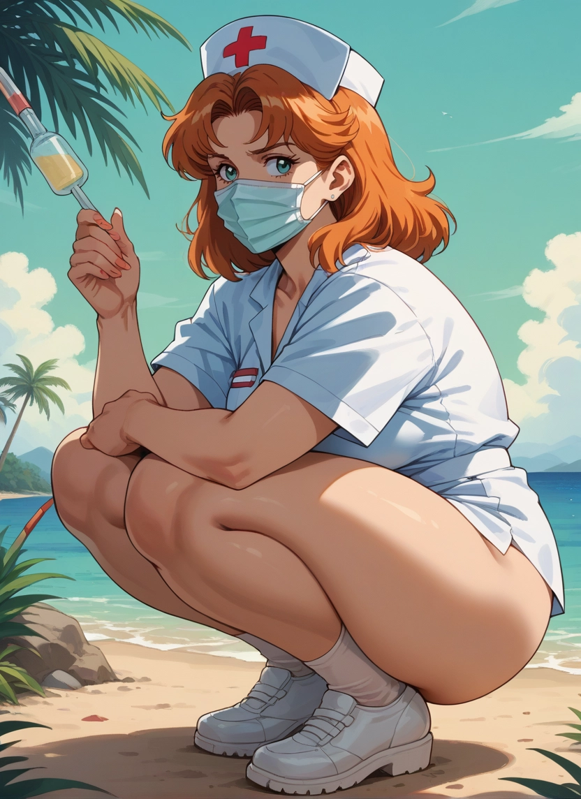 1girl, hat, mask, mouth mask, nurse cap, squatting · Yamete.gg