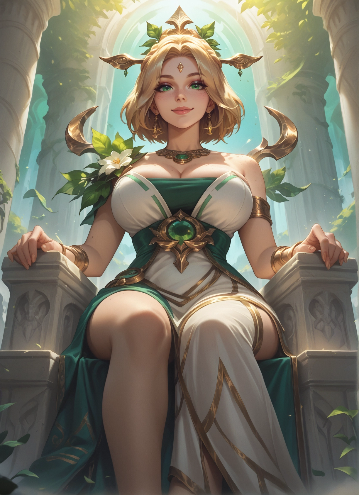 1girl, breasts, blonde hair, jewelry, large breasts, green eyes · Yamete.gg