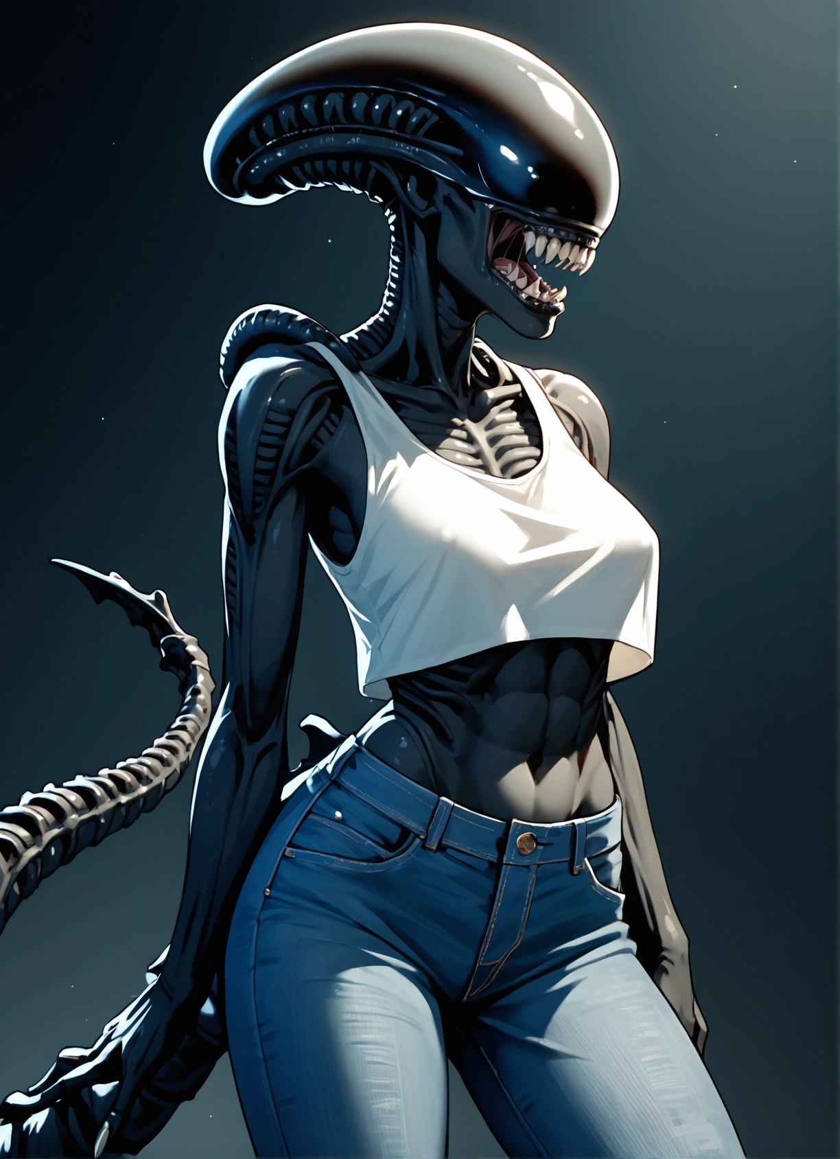 1girl, pants, denim, solo, jeans, teeth · Yamete.gg