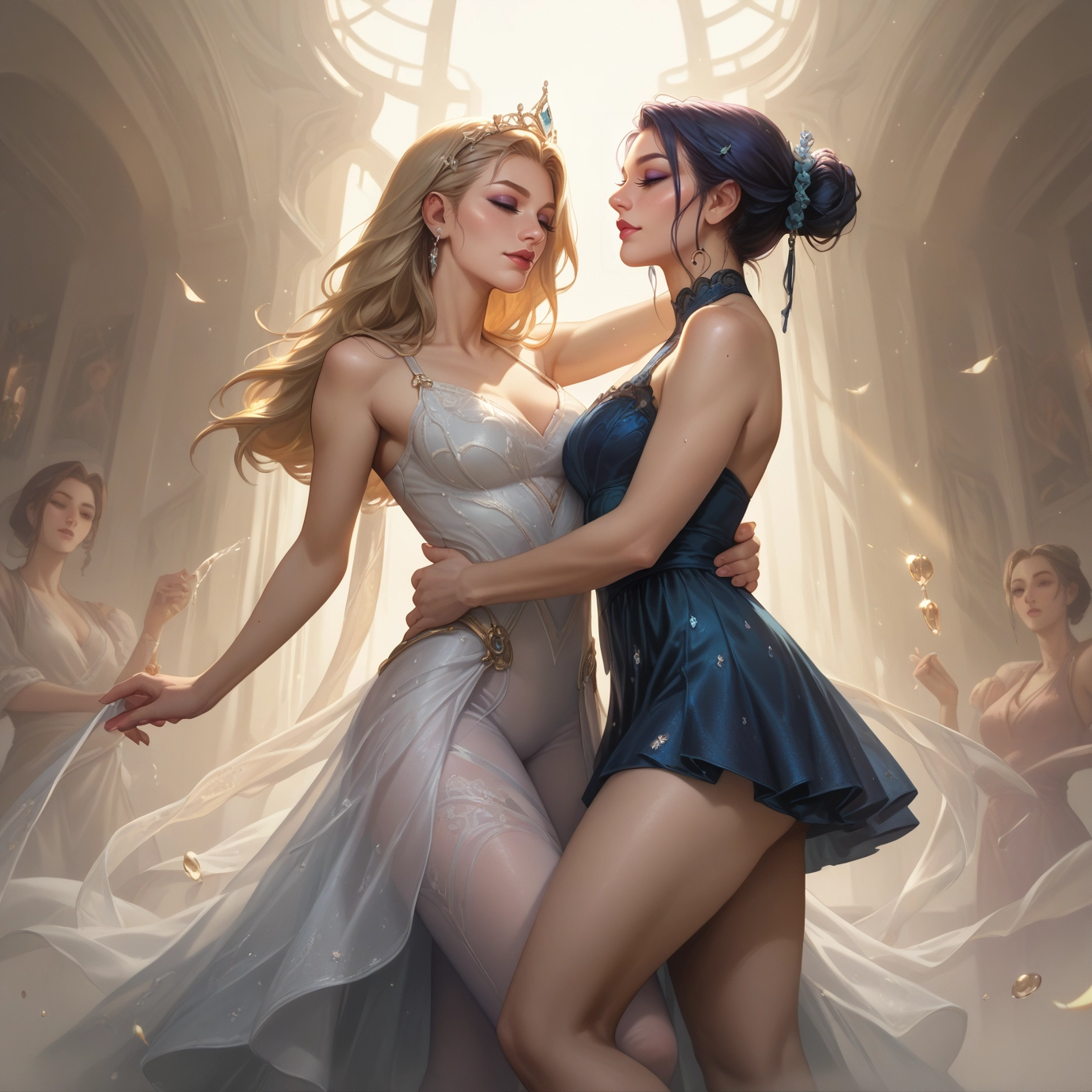 multiple girls, breasts, blonde hair, dress, jewelry, earrings · Yamete.gg