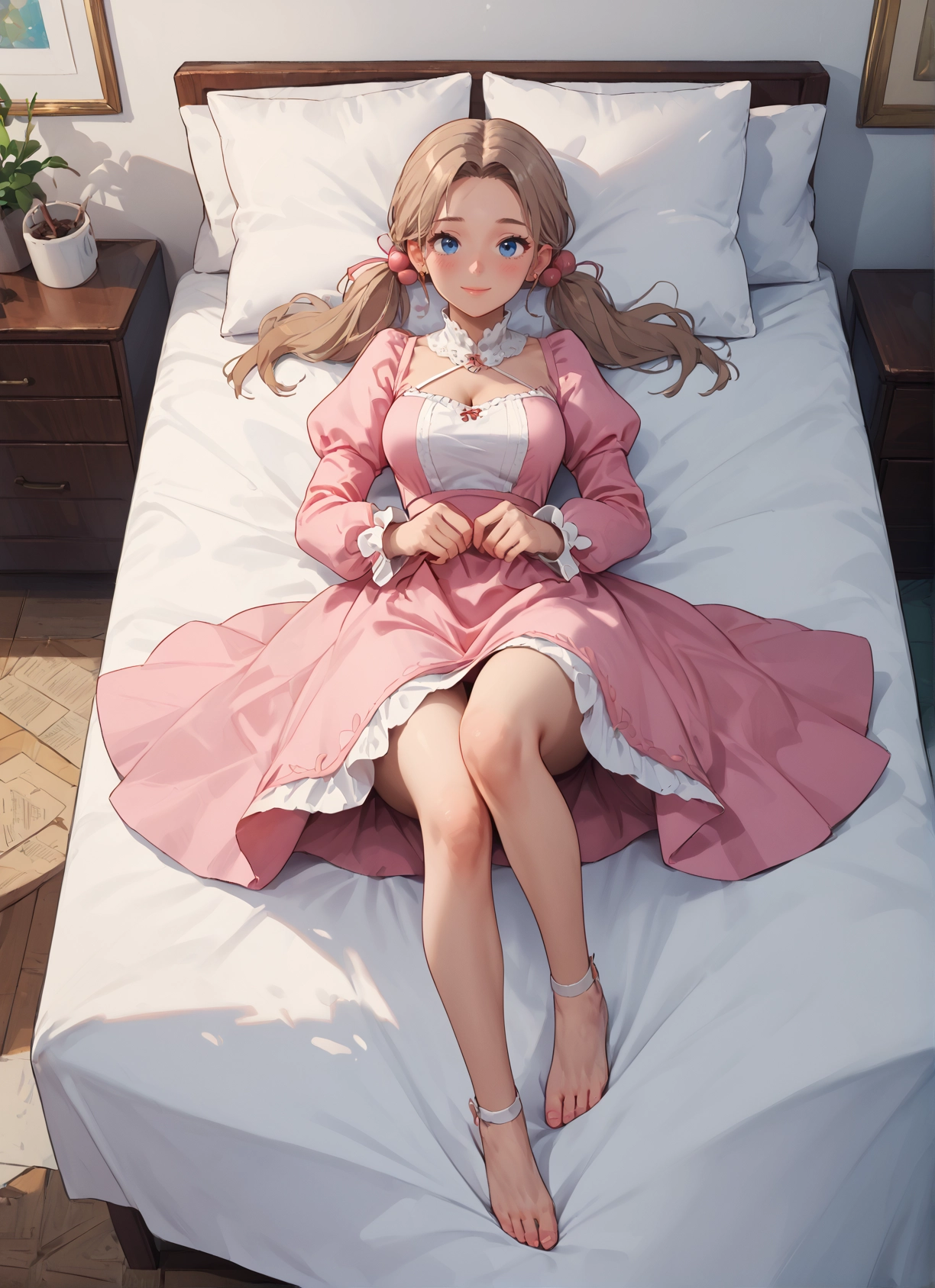 1girl, blue eyes, dress, barefoot, twintails, breasts · Yamete.gg
