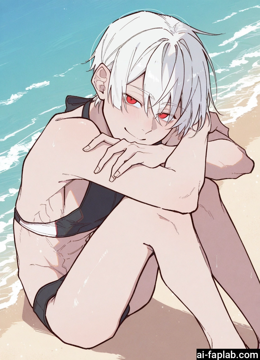 1boy, male focus, red eyes, smile, swimsuit, beach