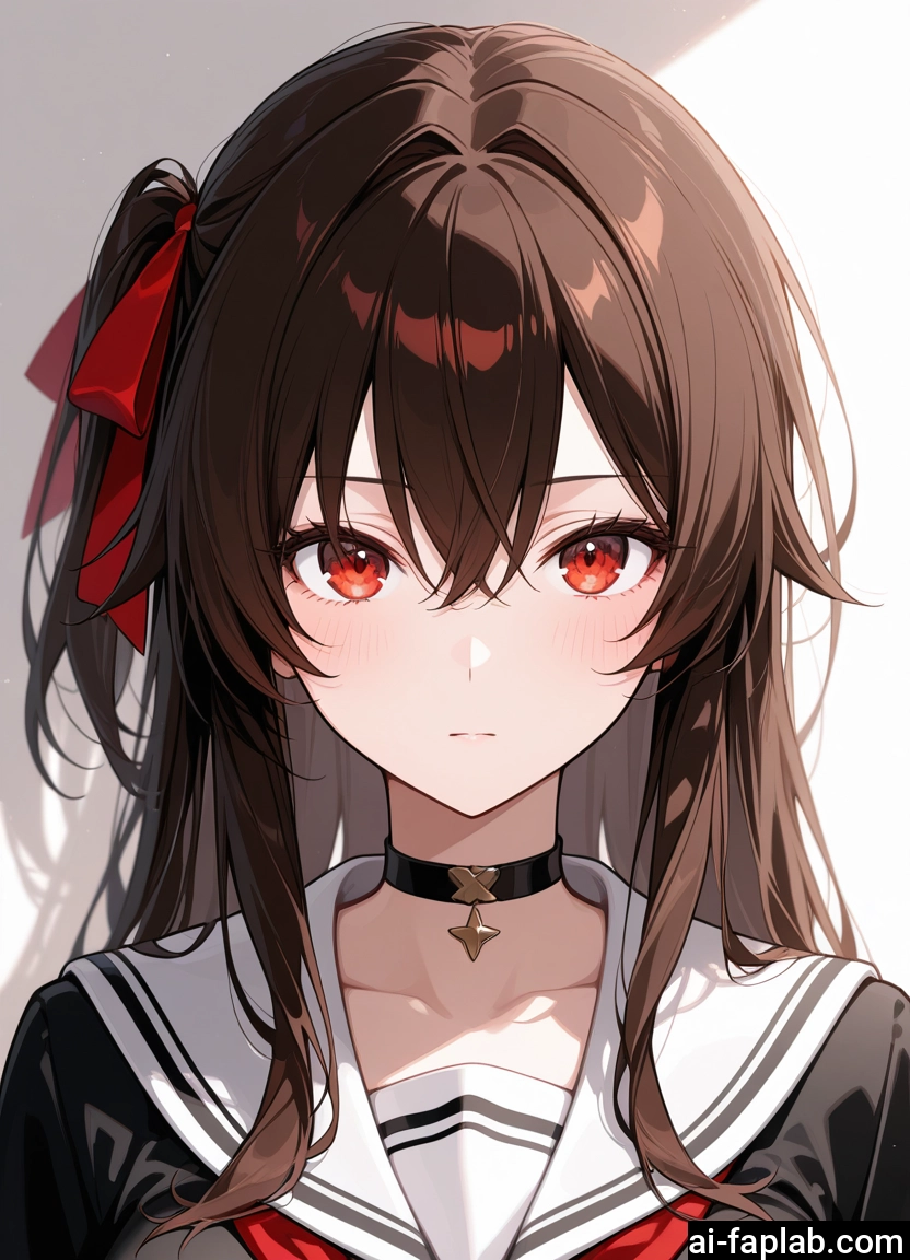 1girl, solo, red eyes, choker, brown hair, long hair