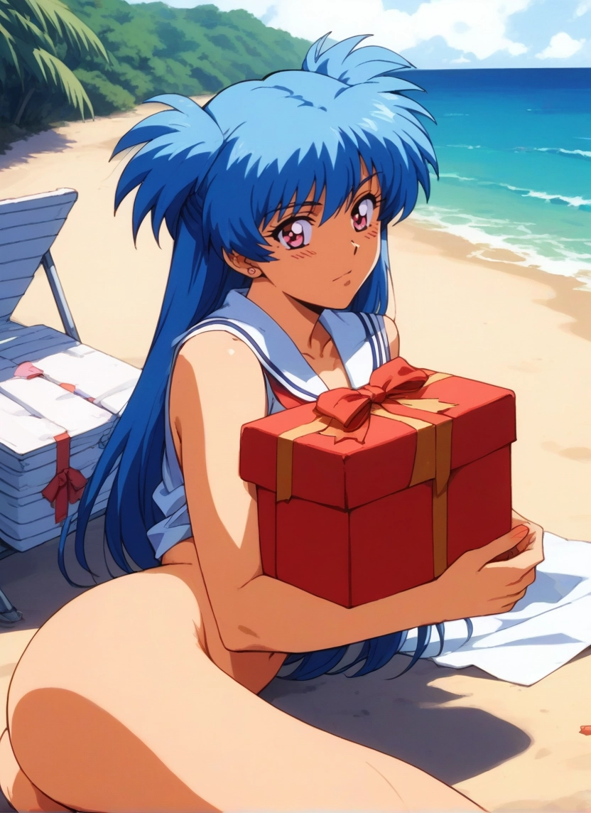 1girl, solo, long hair, beach, gift, blue hair · Yamete.gg