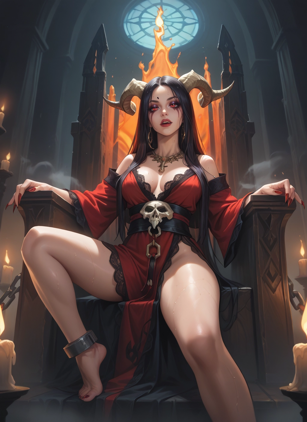 1girl, horns, breasts, long hair, jewelry, barefoot · Yamete.gg