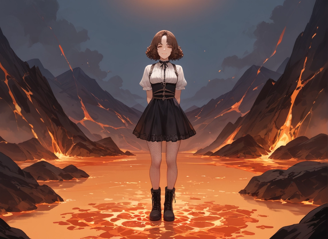 1girl, solo, brown hair, boots, fishnets, skirt · Yamete.gg