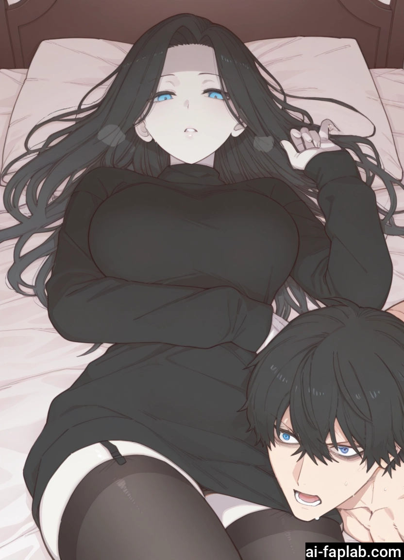1girl, 1boy, thighhighs, blue eyes, breasts, black hair