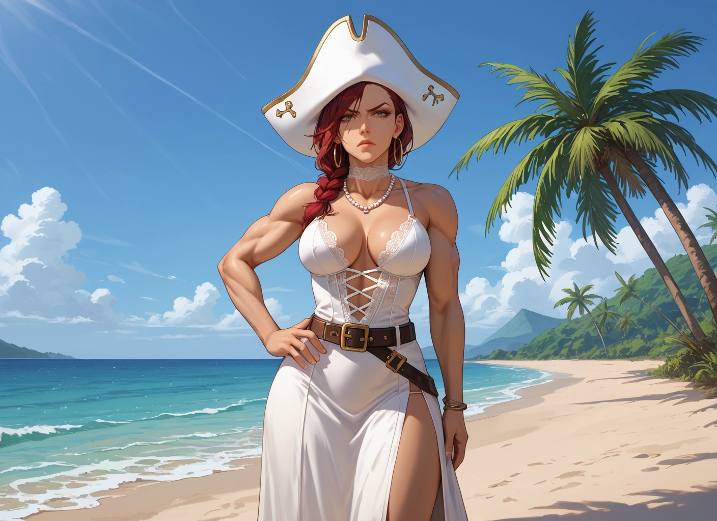 1girl, breasts, jewelry, dress, beach, hat · Yamete.gg