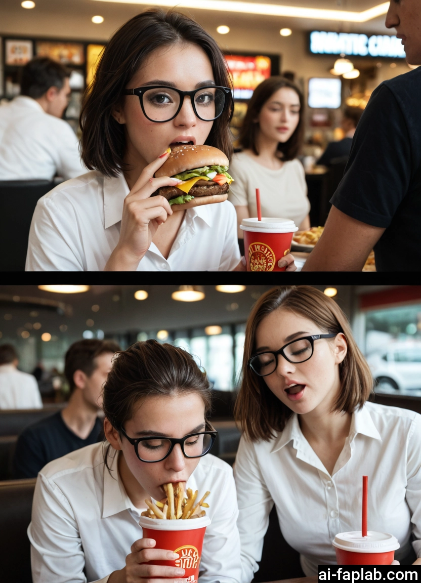 food, glasses, burger, french fries, eating, shirt