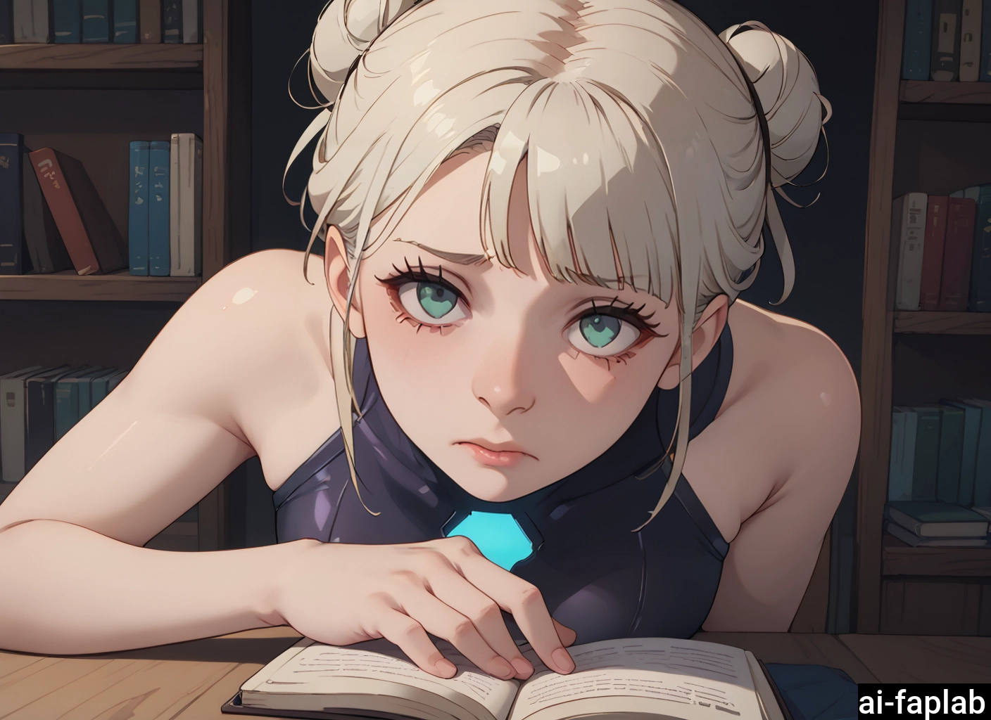 1girl, book, solo, looking at viewer, hair bun, bookshelf · Yamete.gg